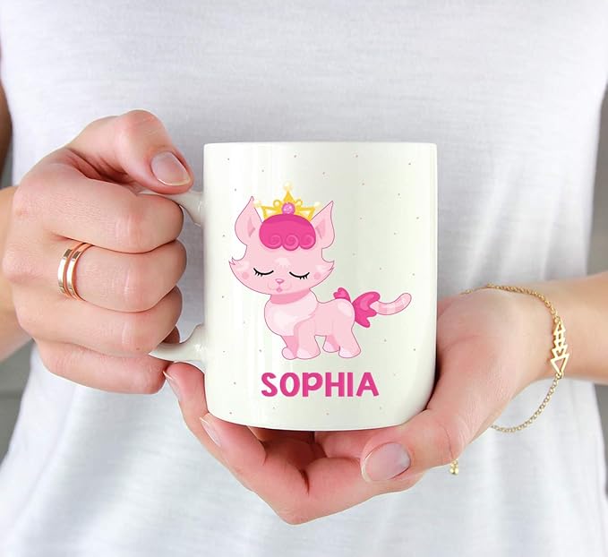 Andaz Press Personalized 11oz. Kids Milk Hot Chocolate Mug, Pink Princess Cat, 1-Pack, Custom Child’s Birthday Christmas Coffee Cup
