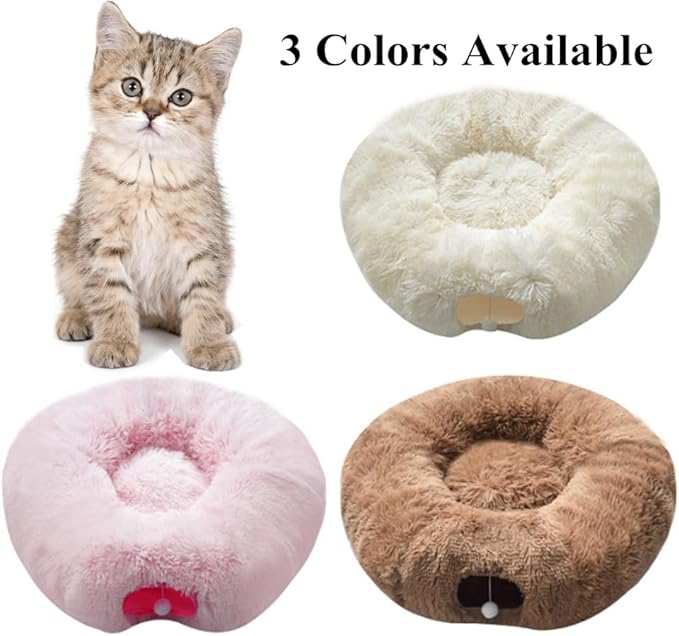 3 in-1 Cat Donut Bed - Luxurious Cat Tunnel Toys, Plush Cat Tunnel with Hanging Toys, Washable Pet Bed for Cats Kittens Rabbits, Xmas Decoration & Cat Tree Barrier