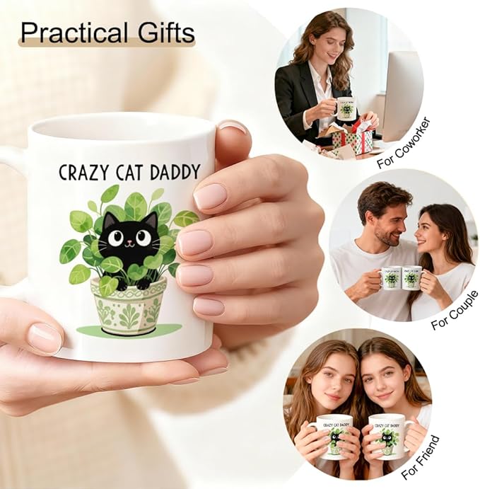 Crazy Cat Daddy Double-Sided Ceramic Mug, Funny Black Cat Mug for Men, Cats Daddy Coffee Cup, Christmas Birthday Gifts for Husband Kitten Dad, Father's Day Thank You Gifts for Pet Owner
