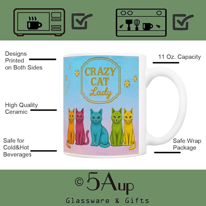 5Aup Crazy Cat Lady Mug Gifts 11oz – 5 Neon Cats & Starry Sky Ceramic Cup, Cat Mum Keepsake, Whimsical Coffee Tea Mug for Birthdays Any Day