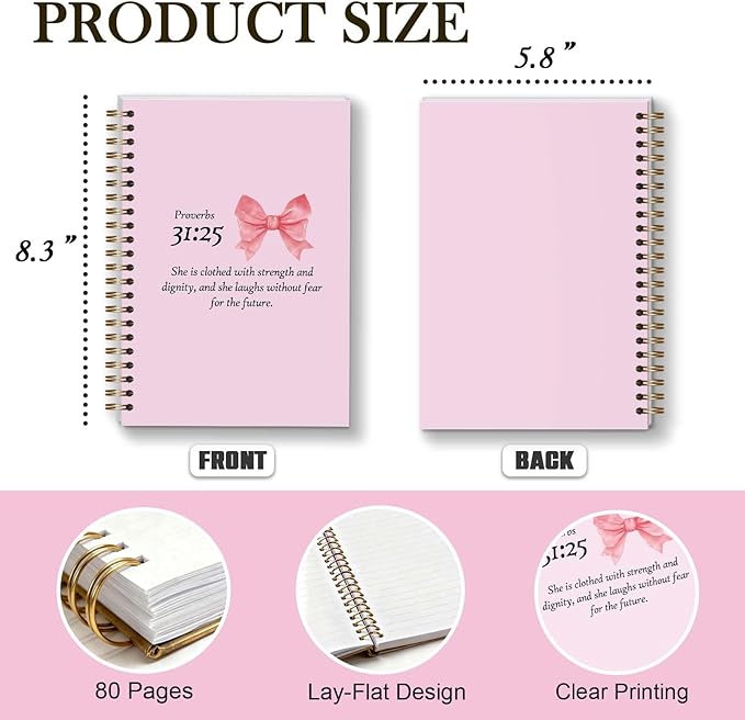 Bible Journal Spiral Notebook, Coquette Pink Bow Bible Study Supplies, Christian Gifts for Women Girls, 5.5x8.3 Inch - A10
