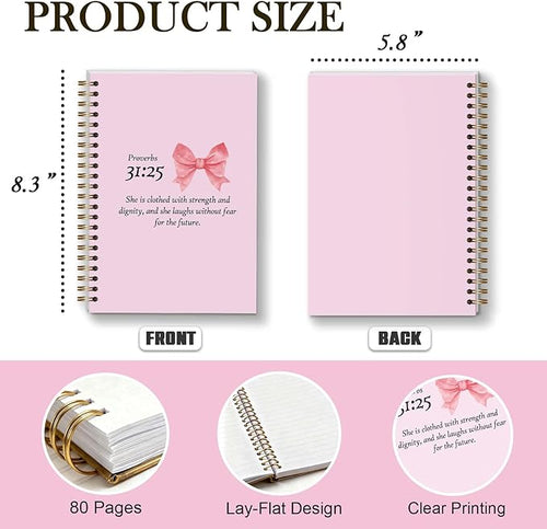 Bible Journal Spiral Notebook, Coquette Pink Bow Bible Study Supplies, Christian Gifts for Women Girls, 5.5x8.3 Inch - A10