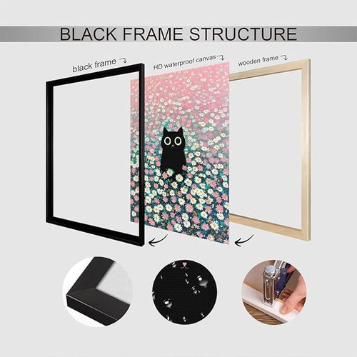 Black Cat Canvas Wall Art, Cute Cat In Daisies Meadow Aesthetic Poster, Adorable Animal Picture, Pink White Flowers Print Painting for Bedroom, Nursery Wall Decor Pet Lover Gift 12x16in Framed
