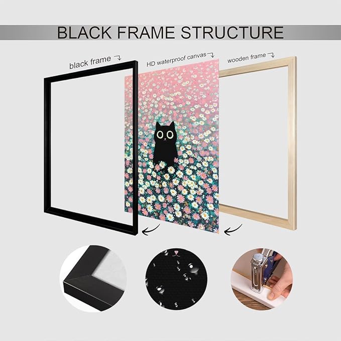 Black Cat Canvas Wall Art, Cute Cat In Daisies Meadow Aesthetic Poster, Adorable Animal Picture, Pink White Flowers Print Painting for Bedroom, Nursery Wall Decor Pet Lover Gift 8x10in Framed