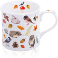 Autumn Animals Coffee Mug, 12 oz New Bone China Mug with Bird, Hedgehog, Owl & Pumpkin Design, Halloween & Fall Seasonal Ceramic Tea Mug, Nature Lover Gift, Designed in England by Harvest Green Studio