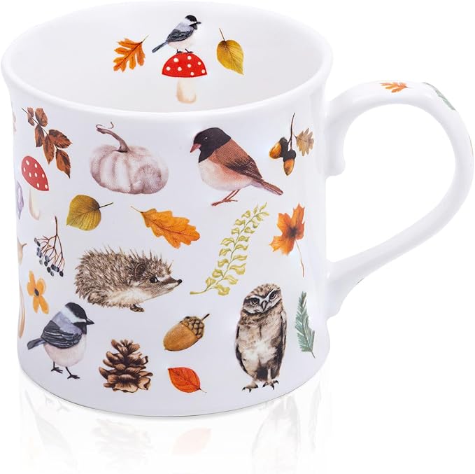 Autumn Animals Coffee Mug, 12 oz New Bone China Mug with Bird, Hedgehog, Owl & Pumpkin Design, Halloween & Fall Seasonal Ceramic Tea Mug, Nature Lover Gift, Designed in England by Harvest Green Studio