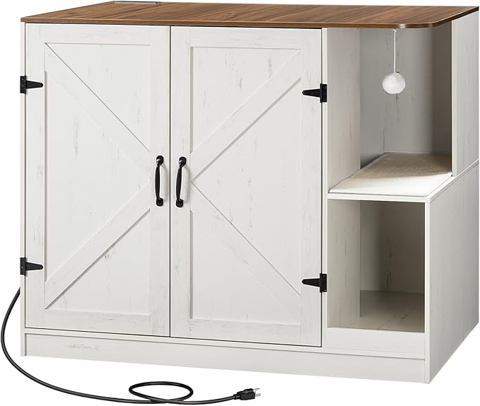 HOOBRO Farmhouse Cat Litter Box Enclosure, Automatic Cat Litter Box Cabinet with Charging Station, Hidden Cat Furniture with Hanging Ball & Sisal Mat, Tabletop & Hook, White and Walnut WH88UMW01