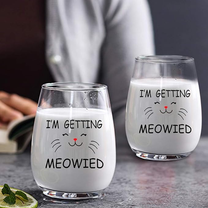 I'm Getting Meowied Funny Wine Glasses - Engagement or Bridal Shower Gift for Cat Lovers, Set of 2 Stemless Wine Glasses, 15 Oz