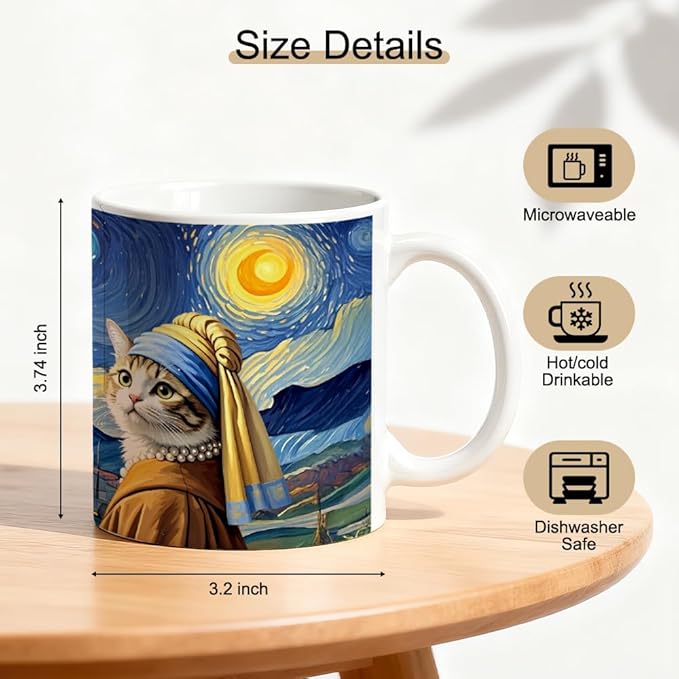Famous Oil Painting Starry Night Cat Art Theme Double-Sided Ceramic Mug, Famous Art Parody Girl Cats Mug for Pet Lover, Kitty Lover Gifts for Women Friend, Christmas Birthday Gifts for Cat Mom