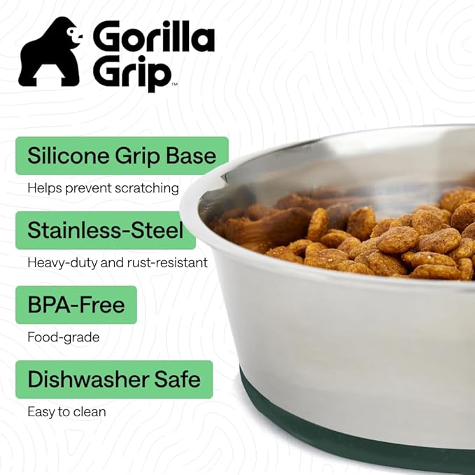 GORILLA GRIP Dog Bowls, Food Grade 304 Stainless Steel, Holds 8 Cups Each (64 fl oz) Food and Water Bowl for Feeding Dogs and Cats, Dishwasher Safe, Rust Resistant, BPA Free Rubber Base Set of 2 Green