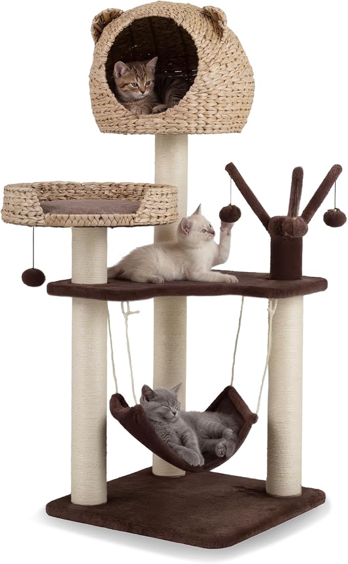 Tangkula Modern Cat Tree Tower, Multi-Level Tall Activity Center with Natural Sisal Scratching Posts, Hammock, Hand-Made Cattail Cute Condo with Funny Toy Balls (Brown)