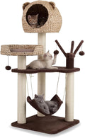 Tangkula Modern Cat Tree Tower, Multi-Level Tall Activity Center with Natural Sisal Scratching Posts, Hammock, Hand-Made Cattail Cute Condo with Funny Toy Balls (Brown)
