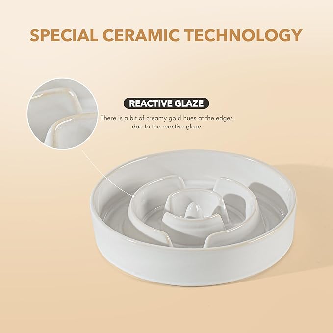 Ceramic 3.2 Cup Raised Slow Feeder Dog Bowl Set, Elevated Acacia Wood Stand for Large Dog, 9.5inch Slow Dish, Preventing Choking(Single Bowl+ Stand, Reactived Glaze -White)
