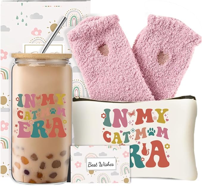 DHQH Cat Lover Gifts for Women, Cute Birthday Presents Cats Themed Gift, Cat Mom Gifts Set with 16 Oz Glass Cup for Mothers Day Thanksgiving Christmas