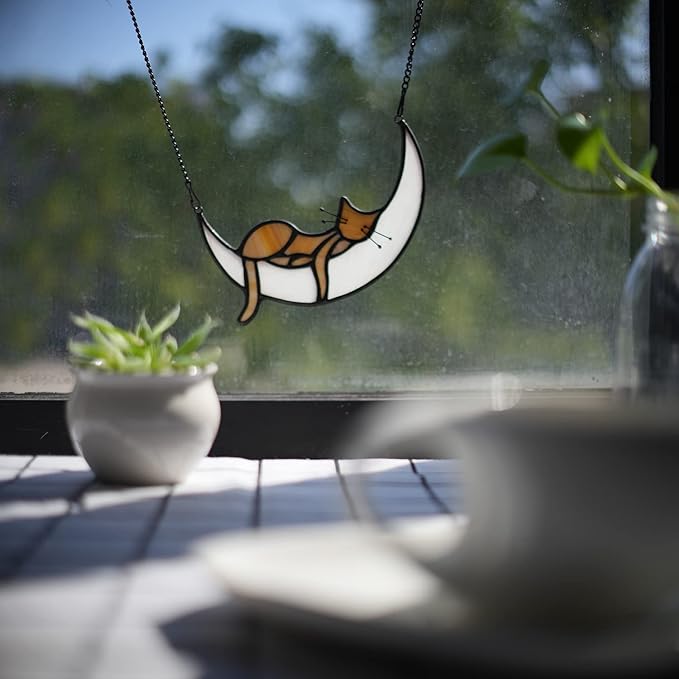 BOXCASA Stained Glass on Moon Cat Windown Hanging,Handcrafted Suncatcher Orange Cat Mom Gifts for Women,Daughter,Mothers Day,Christmas