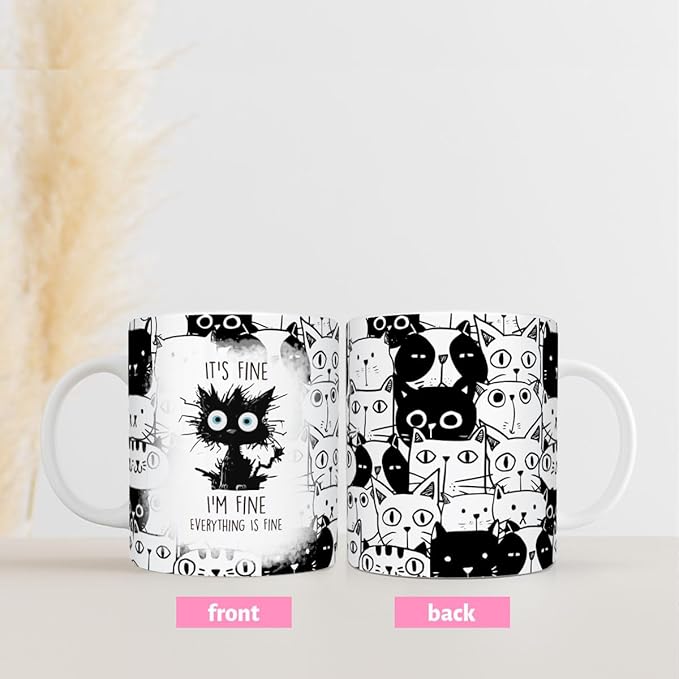 Cats Lover Gifts, Funny Black Cats Mug, Everything Is Fine Cat Mug, Birthday Christmas Gift for Kitty Mom, Crazy Cat Halloween Gifts, 11 Oz Coffee Cup