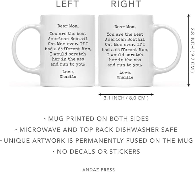 Andaz Press Personalized Funny Mom 11oz. Coffee Mug Gag Gift, Best American Bobtail Cat Mom, Scratch in Ass and Run to You, 1-Pack, Custom Cat Lover's Christmas Birthday Ideas, Includes Gift Box
