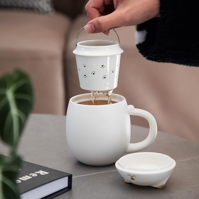 HEER Cat Tea Cup with Infuser and Lid - 13.5oz Ceramic Tea Mug - Cat Lover Gift for Friends Family. (White)