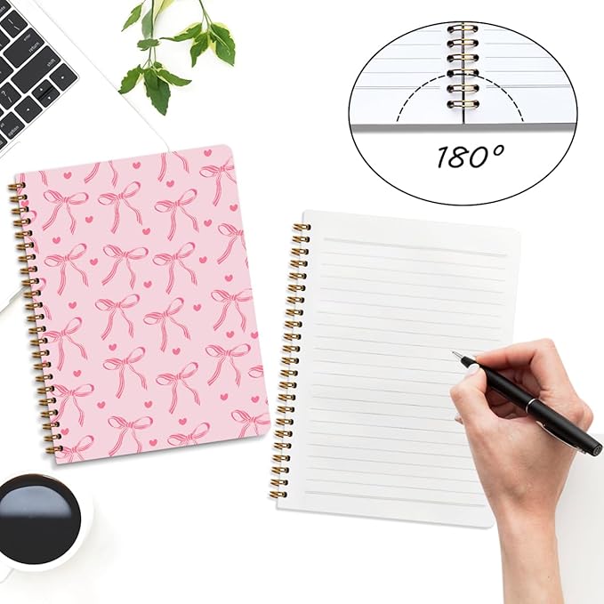 2 Packs Pink Bow Spiral Notebook College Ruled Trendy Notebook Journal Preppy Coquette Stuff Gifts for Women Teen Girls Journals for Writing Journaling Notebooks Office Classroom Supplies