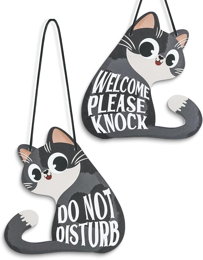 Putuo Decor Do Not Disturb Sign Welcome Please Knock, Cute Cat Door Sign Decor Reversible Double Sided Aesthetic Hanger Plaque for Room Front Door Porch Home Decor, Cat Lover Gifts Grey