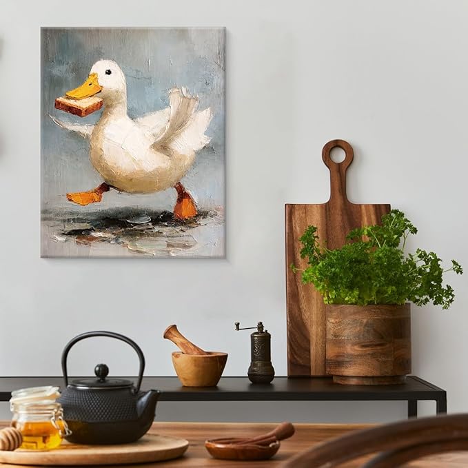 Vintage Funny Duck Wall Art Decor Cute Duck with Bread Print Picture Cottagecore Wall Decor for Home Farmhouse Living Room 8x10 Inch Canvas Framed