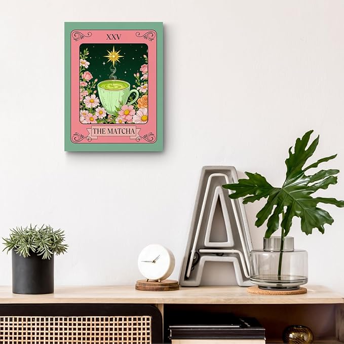 The Matcha Tarot Print Wall Art, Green Tea Vintage Posters Canvas Framed Prints Modern Home Decor, Retro Botanical Floral Poster for Living Room Entryway Bedroom Book Shelf Room Aesthetic