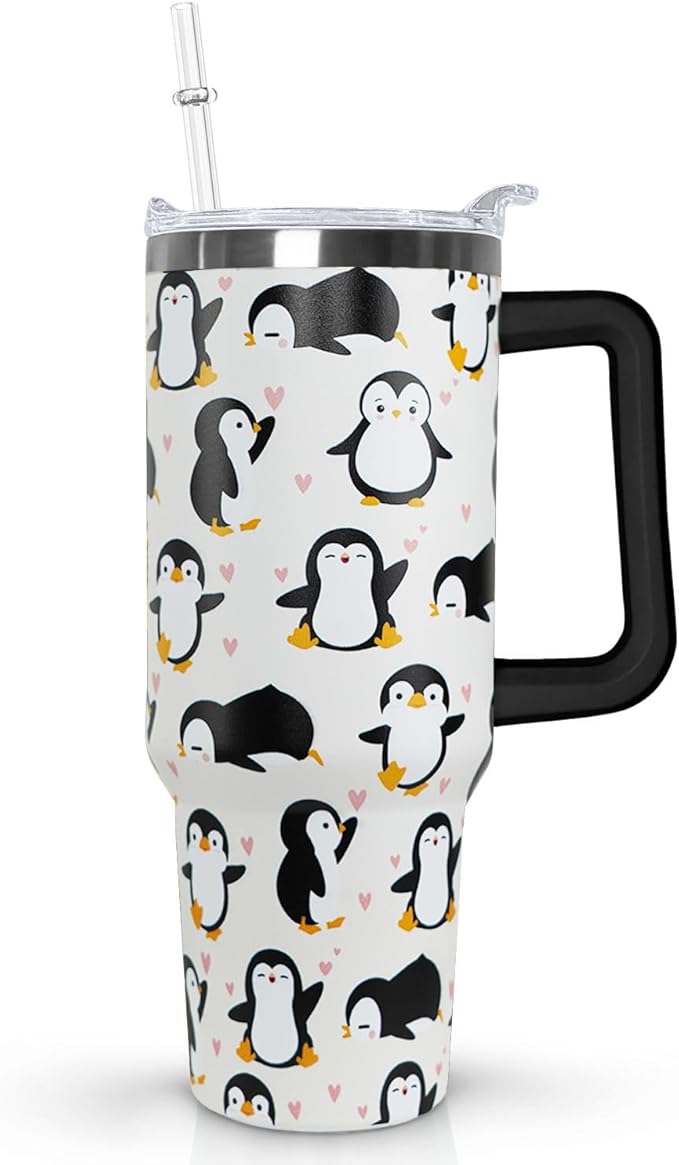Ceovfoi 40 Oz Penguin Tumbler With Handle, Coffee Travel Mug Cup Water Bottle, Penguin Decor and Gifts for Women