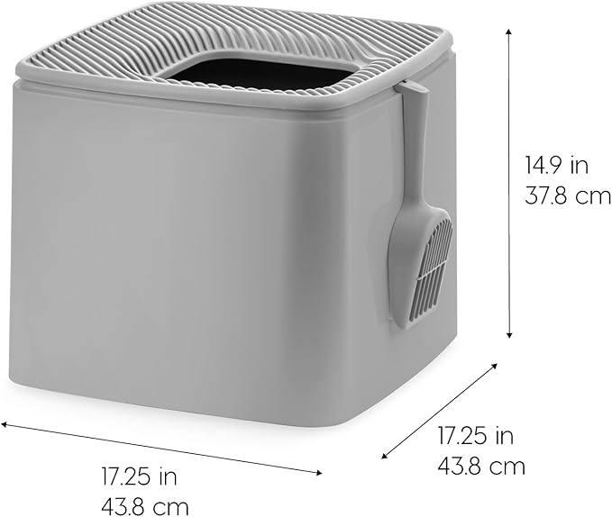 IRIS USA Cat Litter Box Top Entry with Scoop, Covered Dog Proof Litter Box Design, Enclosed Square Style Litterbox with Odor Control, Easy to Clean for Cats, Gray