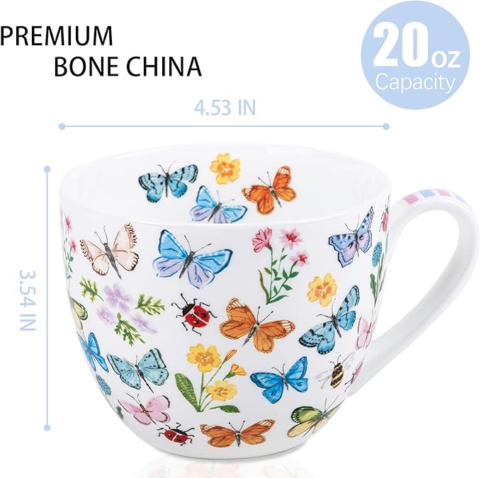Colorful Butterfly Mug - 20oz Bone China Coffee Tea Hug Mug with Multicolor Butterflies, Ladybugs, Bees & Blooms, Perfect Gifts for Mom Women Mothers Day, Designed in England by Harvest Green Studio