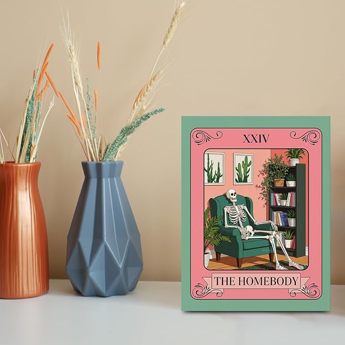 The Homebody Tarot Card Wall Art, Funny Skeleton Gothic Posters, Vintage Botanical Framed Canvas Prints Whimsical Decor, Books Poster for Living Room Entryway Book Shelf Bedroom 15x11.4 inch