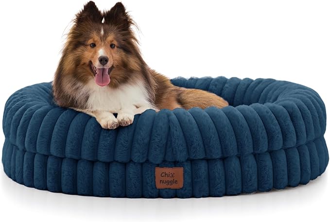 ChiXnuggle Dog Bed Medium Sized Dog - Luxury Striped Faux Fur Waterproof Pet Couch with Removable Washable Cover, Orthopedic Pet Bed with Bolster Sides for Sleeping, Midnight Blue
