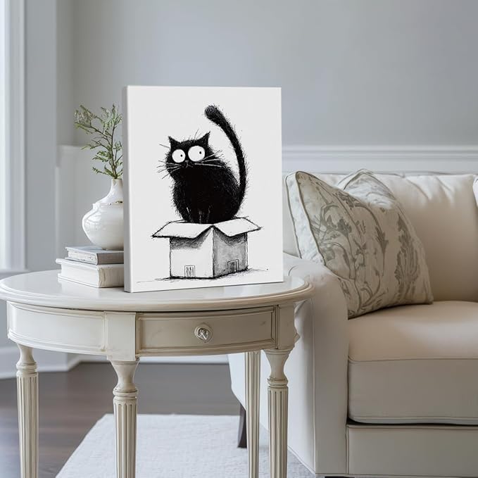 Cute Black Cat in Box Wall Art Decor Cat Lover Gifts Print Picture Modern Wall Decor for Home Living Room 8x10 Inch Canvas Framed