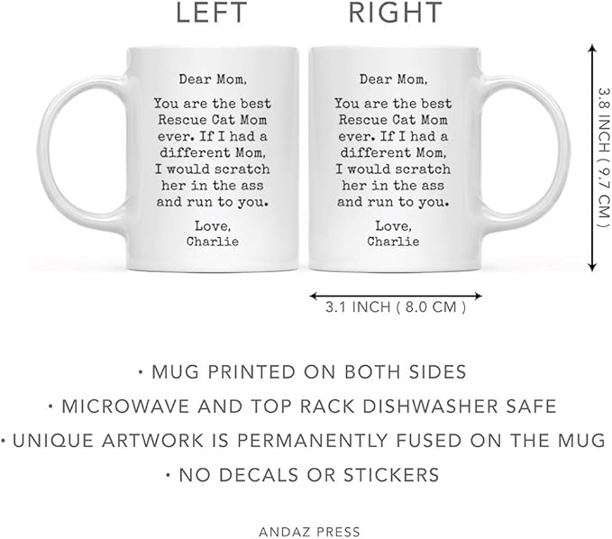 Andaz Press Personalized Funny Mom 11oz. Coffee Mug Gag Gift, Best Rescue Cat Mom, Scratch in Ass and Run to You, 1-Pack, Custom Cat Lover's Christmas Birthday Ideas, Includes Gift Box
