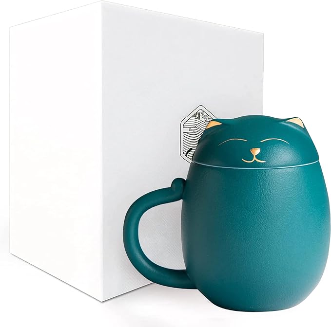 Liywall - Ceramic Tea Mug with Infuser and Lid, Cat Design Handmade Porcelain Tea Cup Strainer With Portable Shockproof Storage Case for Travel Office Home,Wife Girlfriend Gift - Green