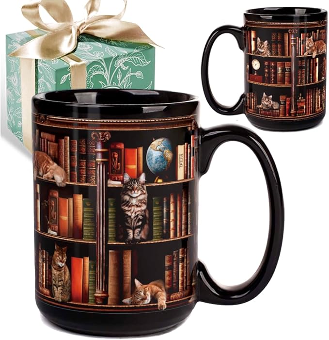 Cat Book Mug Gifts for Book Lovers, Book Lover Bookish Gifts for Readers Bookworm Women 15oz, Library Bookshelf Mug, Bookish Gifts for Librarian, Birthday Gift Idea for Cat Lovers