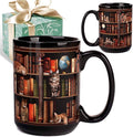 Cat Book Mug Gifts for Book Lovers, Book Lover Bookish Gifts for Readers Bookworm Women 15oz, Library Bookshelf Mug, Bookish Gifts for Librarian, Birthday Gift Idea for Cat Lovers