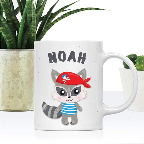 Andaz Press Personalized 11oz. Kids Milk Hot Chocolate Mug, Raccoon Pirate Red Scarf, 1-Pack, Custom Child’s Birthday Christmas Coffee Cup