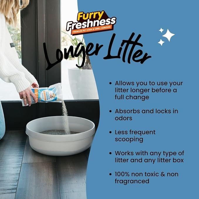 FurryFreshness Cat Deodorizer & Box Odor Eliminator - Works With All Litters To Increase Litter Life - Made In USA - Nontoxic, Fragrance Free Odor Control (2 Lbs)