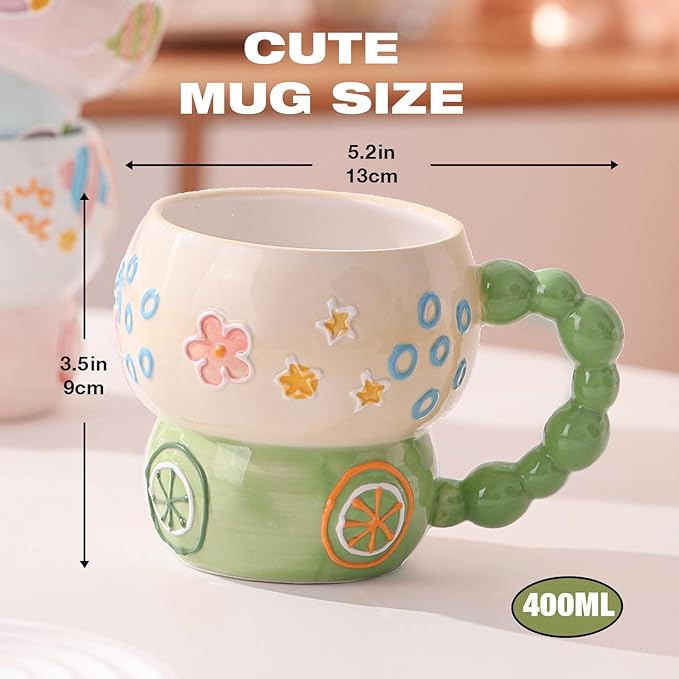 Ceramic Cartoon Coffee Mug,Aesthetic Hand-Painted Creative Ceramic Mug,Cute Mug, Aesthetic Coffee Mug, Ceramic Tea, 12oz/400ml for Tea Coffee, Milk and Oatm(Green-Lemon)