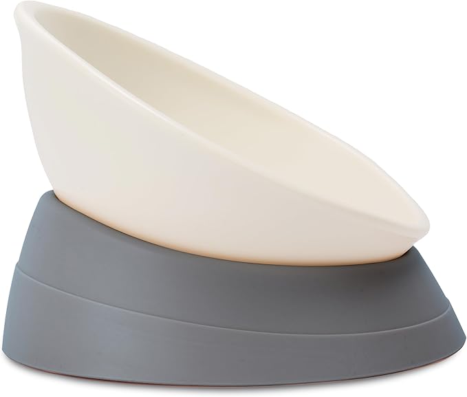 French Bulldog Food Bowl- Slanted Tilted Pug Food Water Bowl,Cat Bowl- Feeder for Frenchie/Shih Tzu/Flat Faced Small Dogs/Puppies/Cats (Grey, 2 Cup)