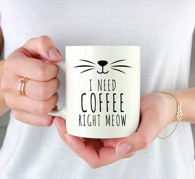 Andaz Press Funny Cat Lover 11oz. Ceramic Coffee Tea Mug, I Need Coffee Right Meow, 1-Pack, for Cat Mom, Birthday Christmas Ideas, Includes Box