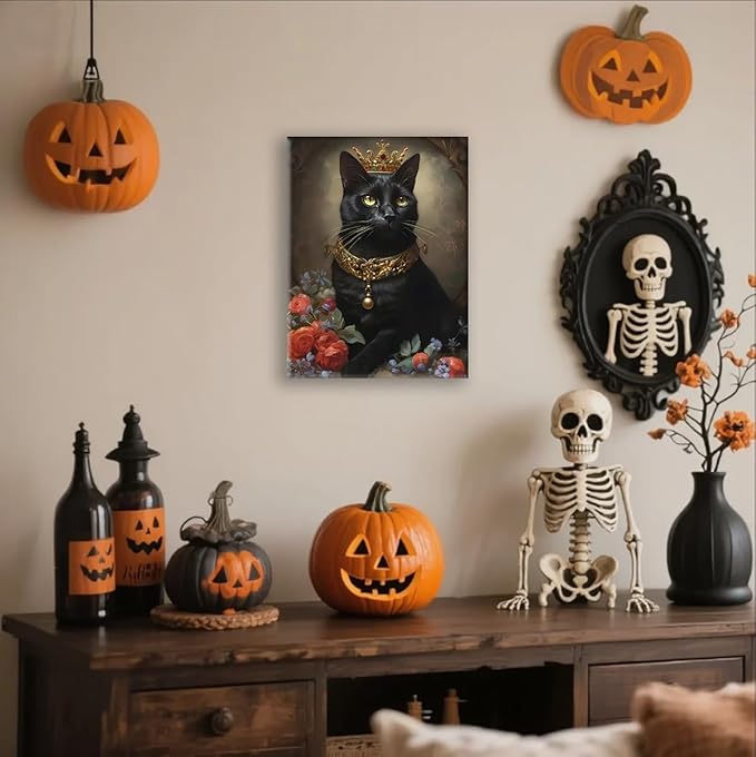 Jatinoo Gothic Halloween Decor - Black Cat Framed Canvas Art Print, Witchy Moody Wall Decor for Living Room, Goth Home Accessories, 11.5x15 Inch Vintage Style