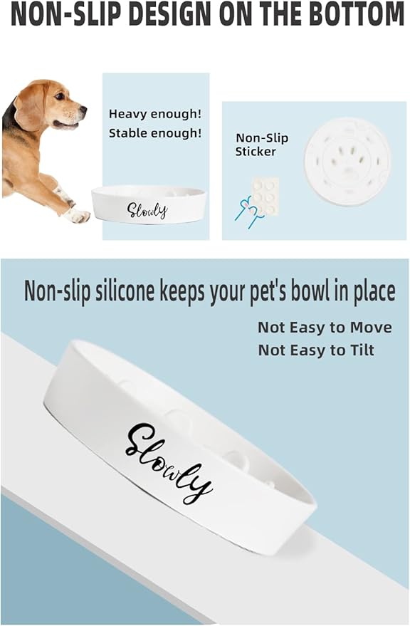 Slow Feeder Dog Bowls, Farmhouse Ceramic Fun Slow Eater Bowl for Medium Sized Dog, White
