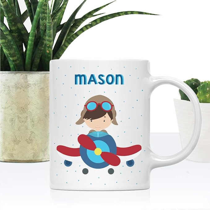 Andaz Press Personalized 11oz. Kids Hot Chocolate Mug, Boy Pilot in Airplane, 1-Pack, Custom Child’s Birthday Christmas Coffee Cup