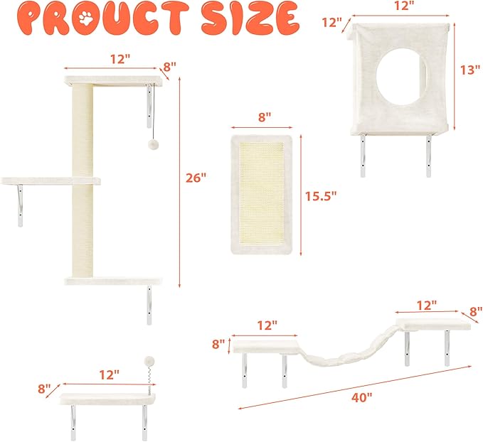 10 Pcs Cat Wall Shelves Set, Wall-Mounted Climber with Cat House, Scratching Post, Bridge, Hammock, Space-Saving Play Furniture, Beige