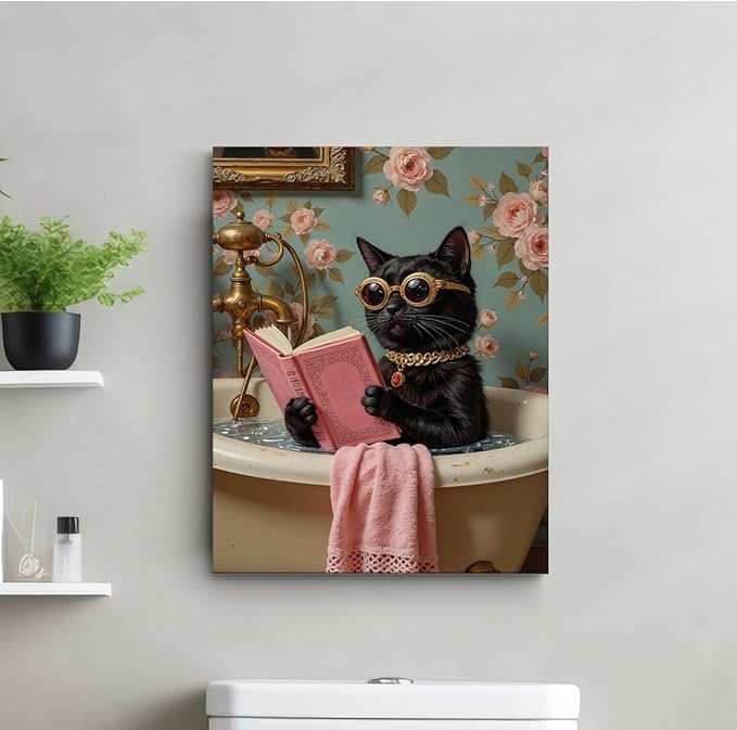 Funny Cat Bathroom Canvas Wall Art, 11.4x15in Cat Framed Art Paintings Wall Decor Unique Gifts Animal Lover Prints Picture for Living Room Bathroom Farmhouse Decor
