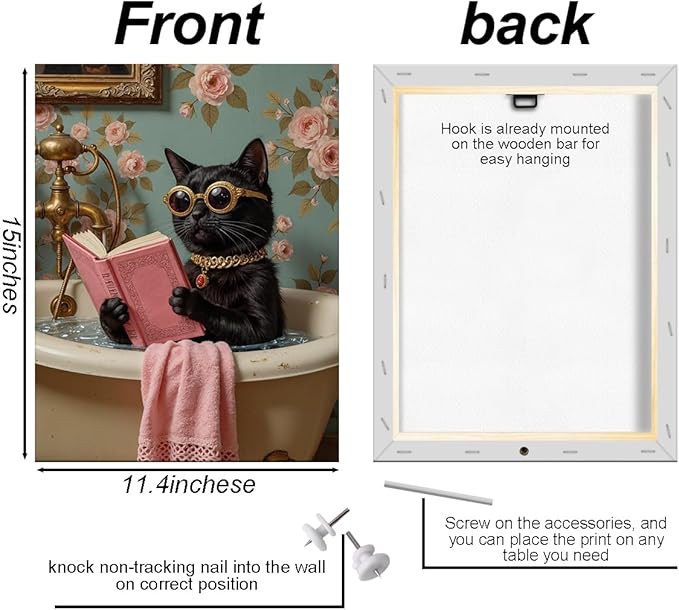 Funny Cat Bathroom Canvas Wall Art, 11.4x15in Cat Framed Art Paintings Wall Decor Unique Gifts Animal Lover Prints Picture for Living Room Bathroom Farmhouse Decor