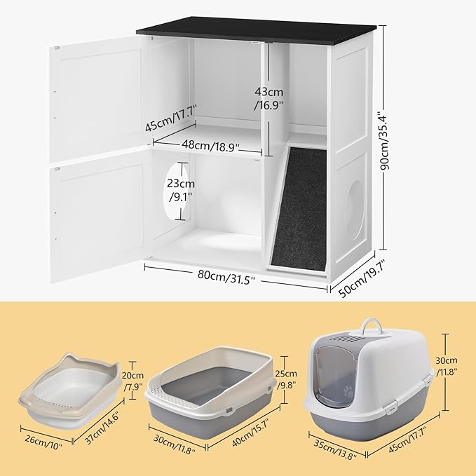 Litter Box Enclosure for 2 Cats, Hidden Litter Box Furniture with Scratch Pad, Double Litter Boxes Enclosure, Wooden Cat Washroom, Indoor Cat House End Table, White and Black CWBB3201