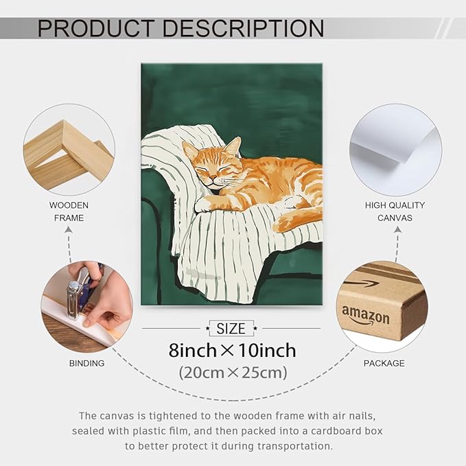 Sleeping Orange Cat poster Green Aesthetic Wall Art Preppy Funky Cute Animal Canvas Painting Gift For Cat Lover 08x10 inch Framed for Cozy Room Wall Decor