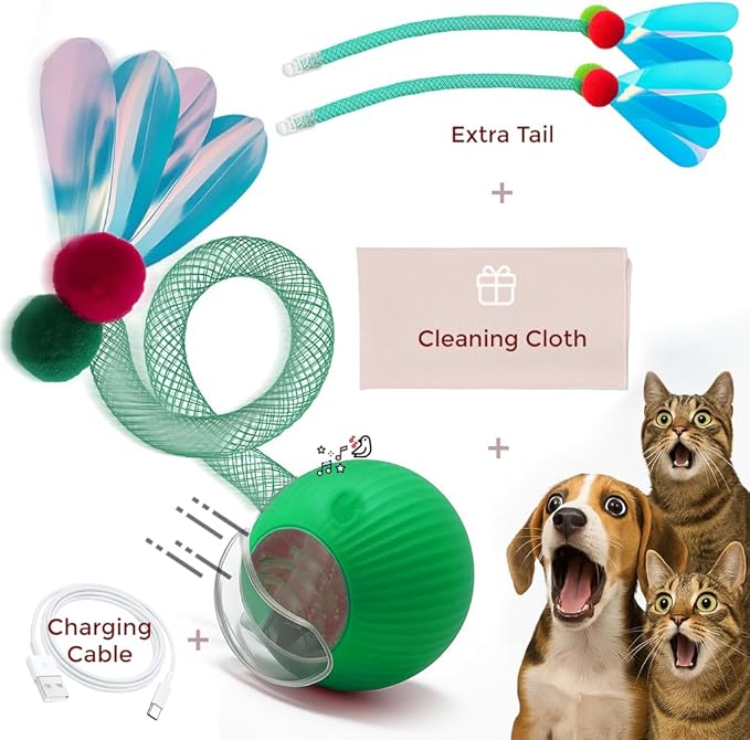 Cat Toys for Indoor Cats – Automatic Kitten Interactive Toy with Speedy Ball Tail as Pet Mental Stimulation -Kittens Small Dogs and Bored Adult Dog Balls to Keep Them Busy as Enrichment -Green